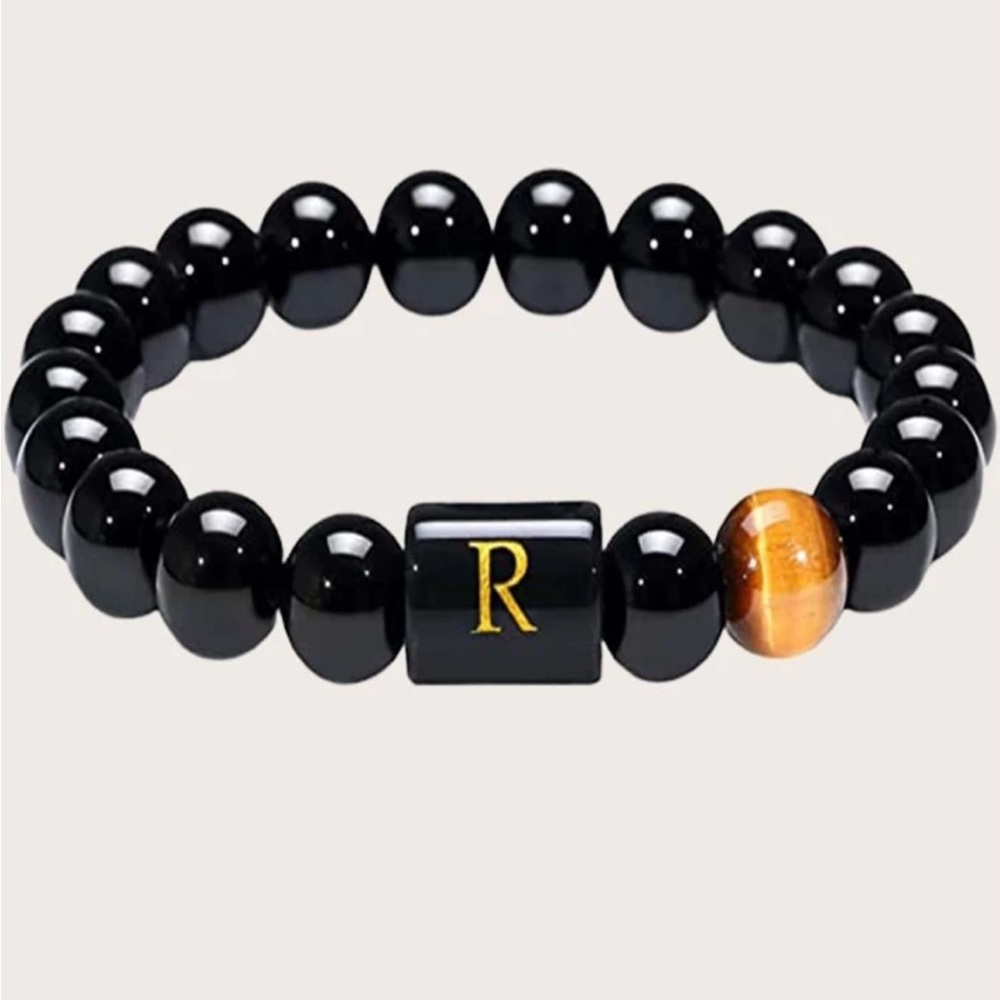 Black Beaded “R” Bracelet with Tigers Eye Accent